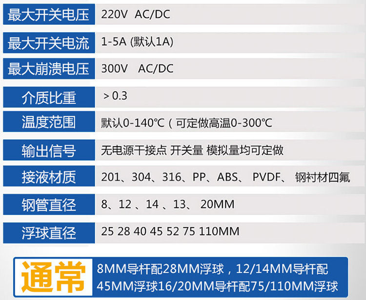 磁性浮球液位計(jì)技術(shù)參數(shù)對(duì)照表